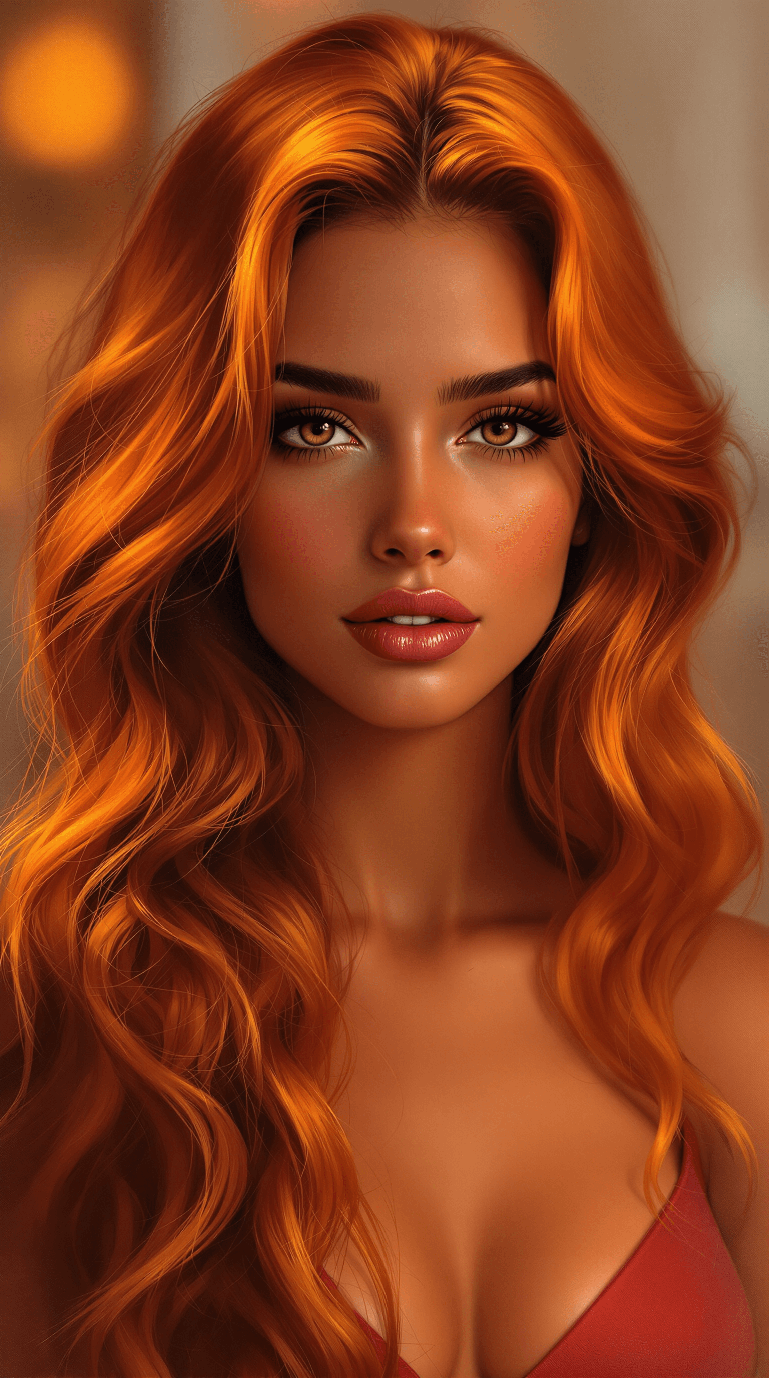 AI generated: a stunning digital painting of a gorgeous woman with long, fiery orange hair cascading in soft waves...
