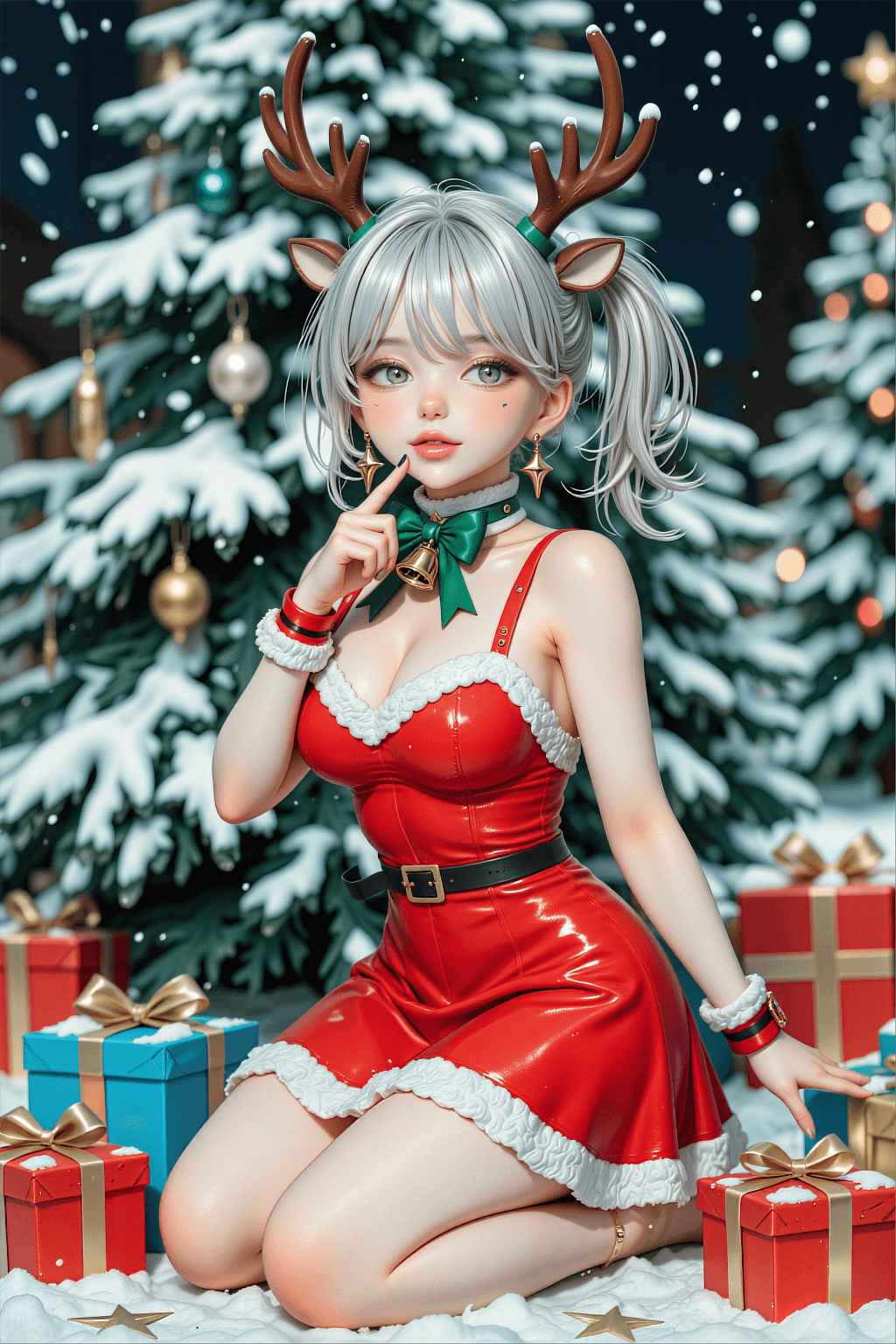AI generated: A vertical anime illustration of a cute silver-haired girl with twintails wearing brown reindeer ant...