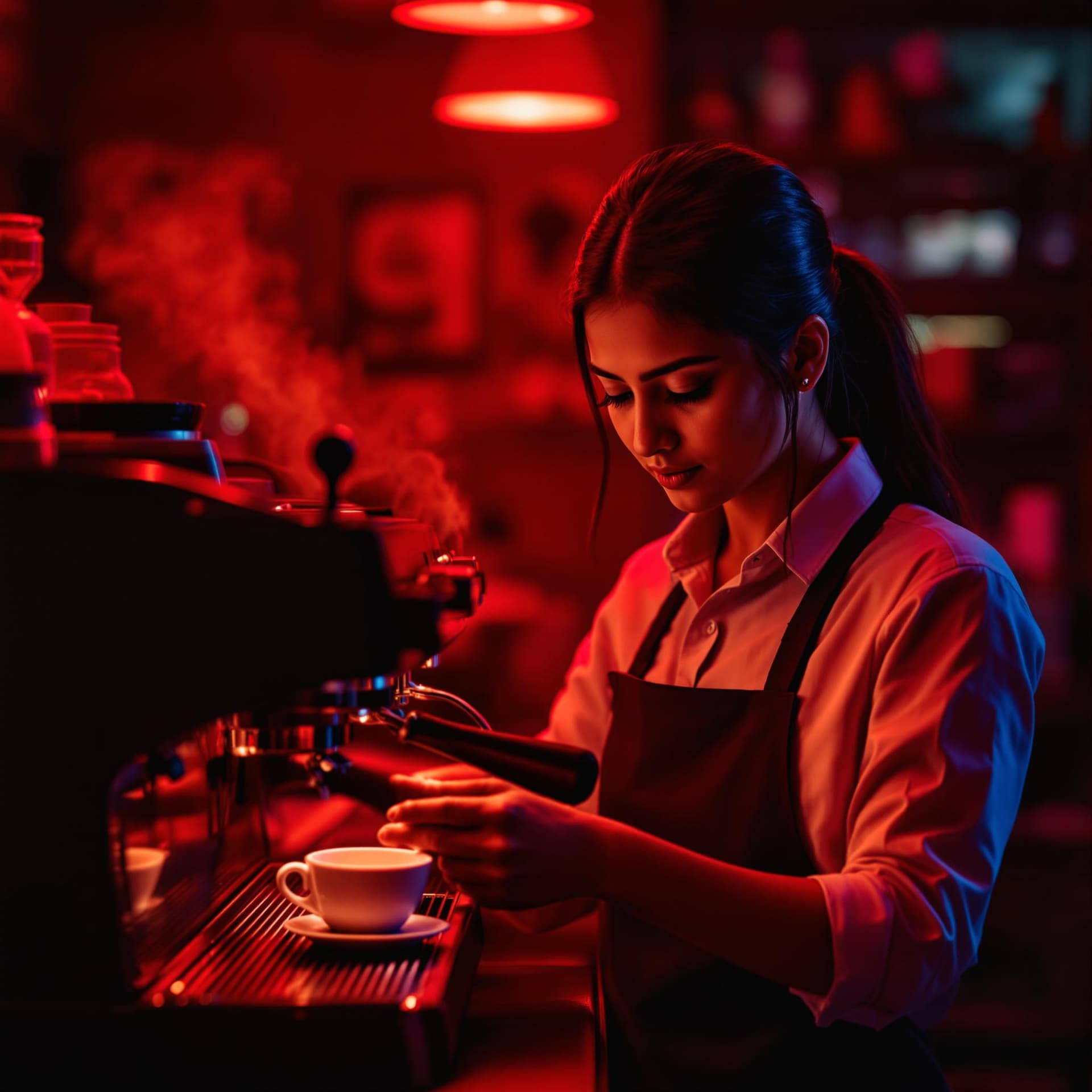 AI generated: The image presents a young Indian woman in a vibrant, atmospheric setting, presumably a coffee shop,...