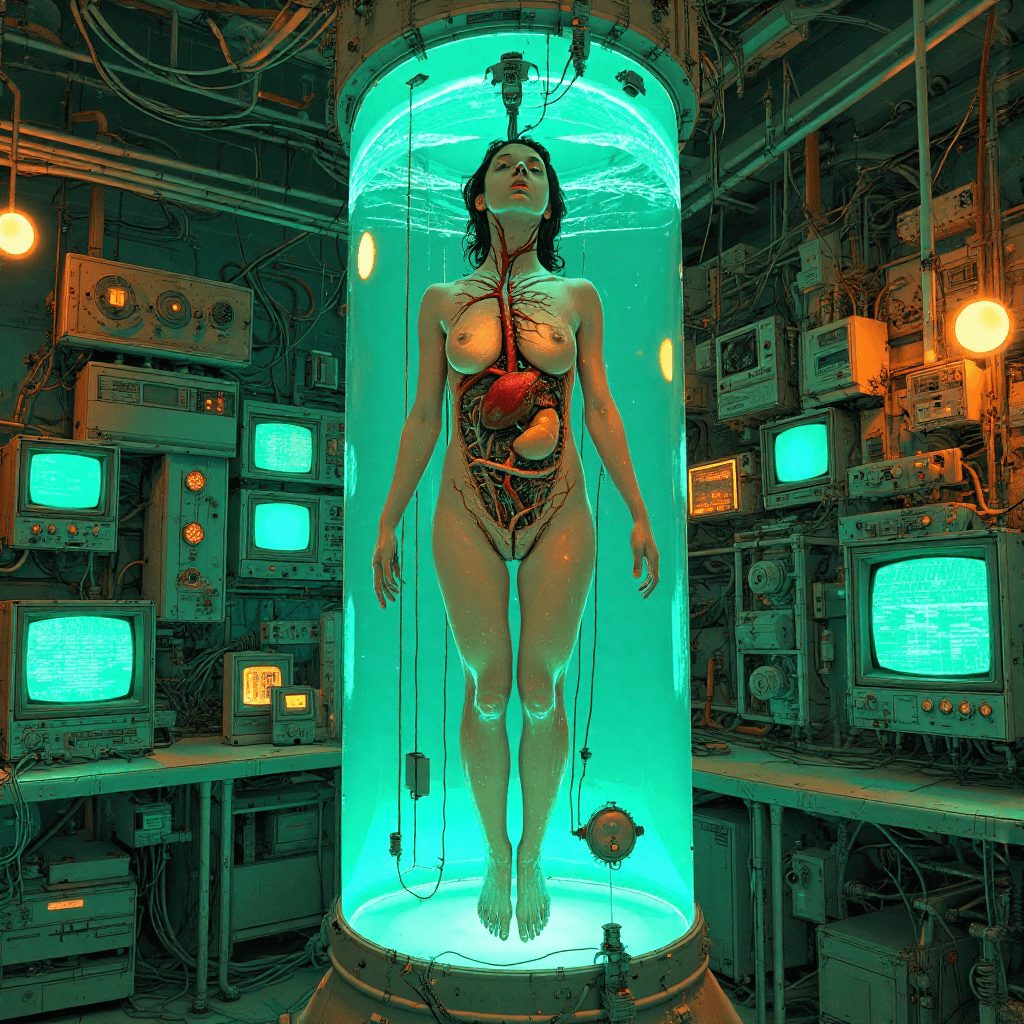 AI generated: (Primary Subject: Woman, Transparent Body, Internal Organs Visible, 1.6 weight), suspended mid-air w...