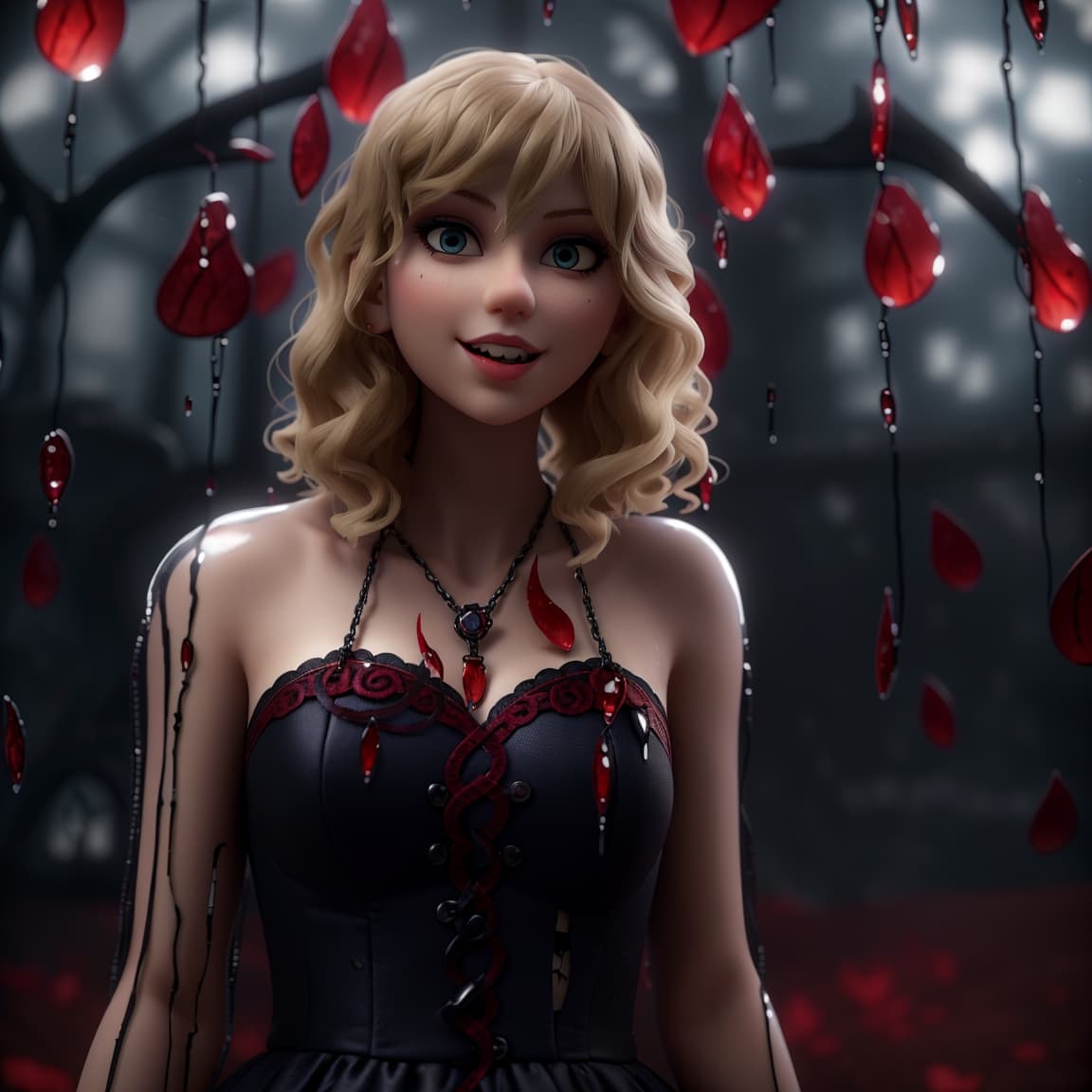 AI generated: taylor swift, in the style of tim burton, 3d animation surreal masterpiece of a gothic love, lust, g...
