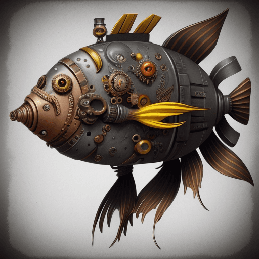 AI generated: robot fish steampunk style, in a sketchy way, mainly grey, red and yellow coloured