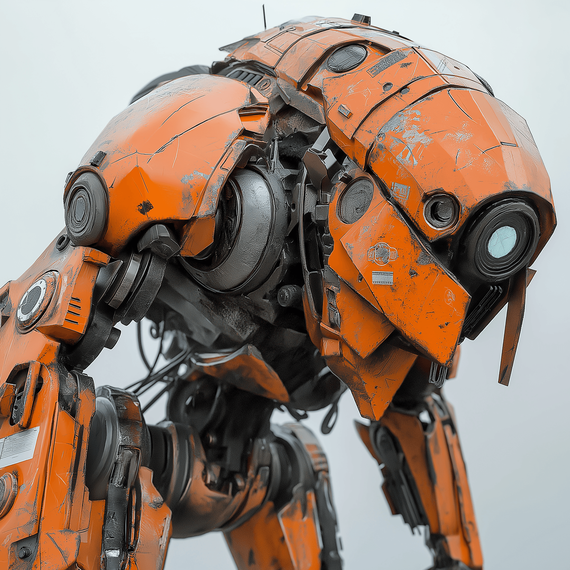 AI generated: Ultra Realistic, Urban Mecha, damaged orange amour, futuristic cyberpunk style and feel dark dystopi...