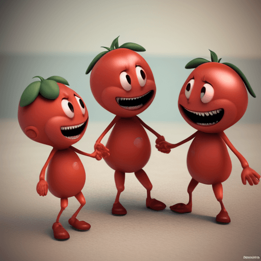 AI generated: Hyper realistic 3d render of 3 little tomatomans talking and laughing , weird