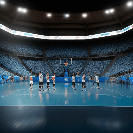 AI generated: 5 jugadores adultos del mismo equipo, en la cancha, jugando basquetbol, uno anotando, una cancha muy...