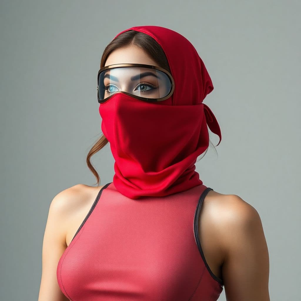 AI generated: a super hyper realistic full femal upper body with a bandari mask with differnet fabric layer and so...