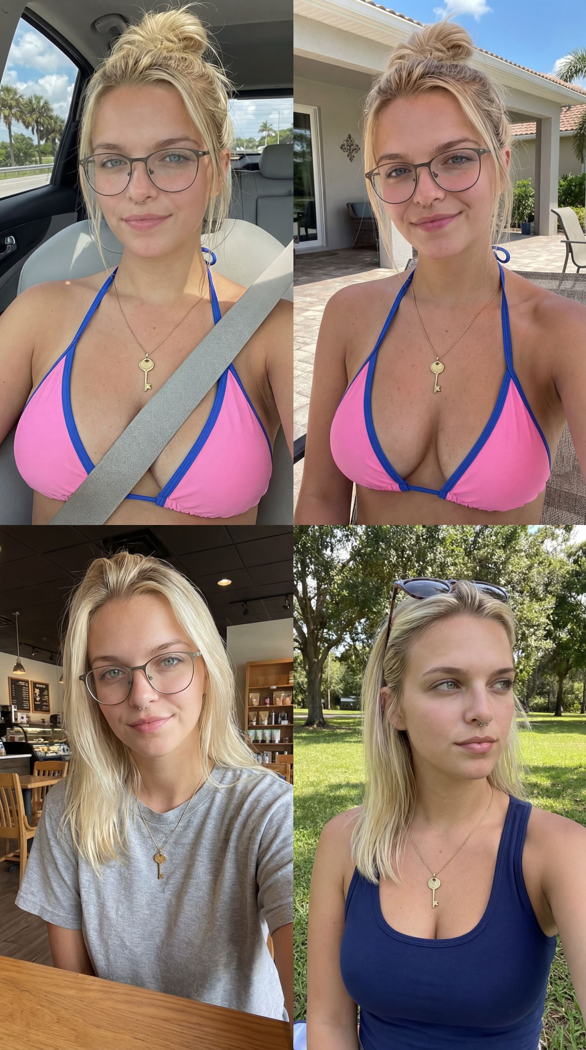 AI generated: Ultra-realistic photorealistic 2×2 grid collage image, adult woman (21+), the same woman repeated in...