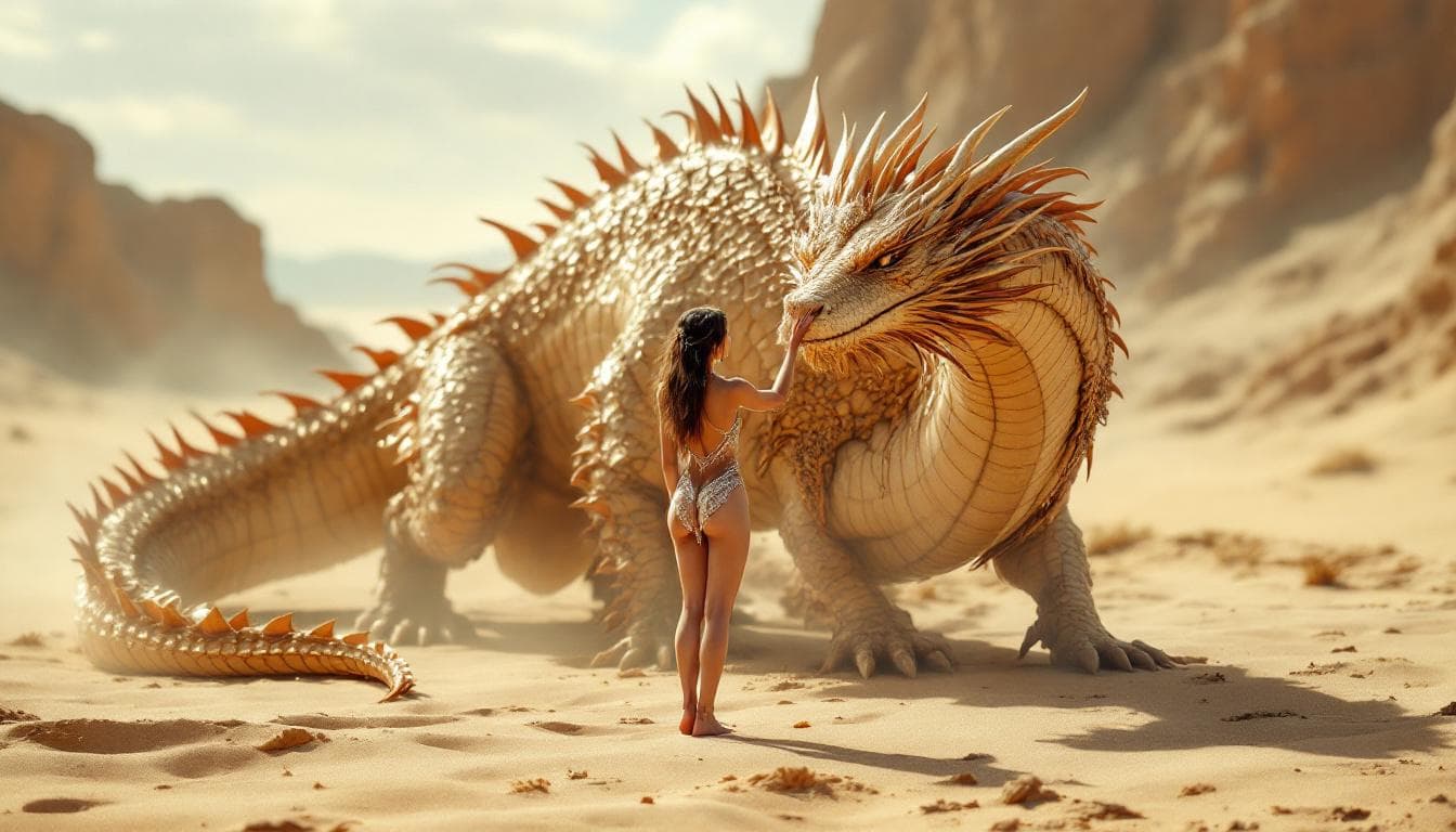 AI generated: a full body view of a stunning woman princess with minimal wearing, barefoot on sandy floor, and int...