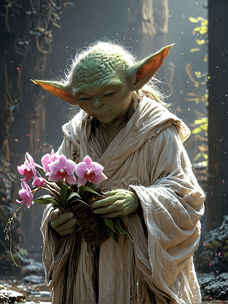 AI generated: realistic,highres,reality,(yoda) in love, holding (orchids:1.1) , 8k, hyperrealistic, highly detaile...