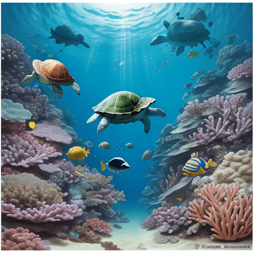 AI generated: dreamy turtles, corals, fishes and divers in the caribbean seain a cartoon japanese style