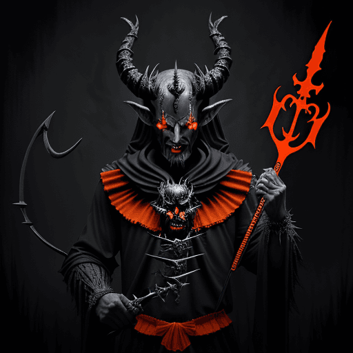 AI generated: Evil demonic black and orange devil, holding a trident, ominous and eerie, highly detailed and reali...