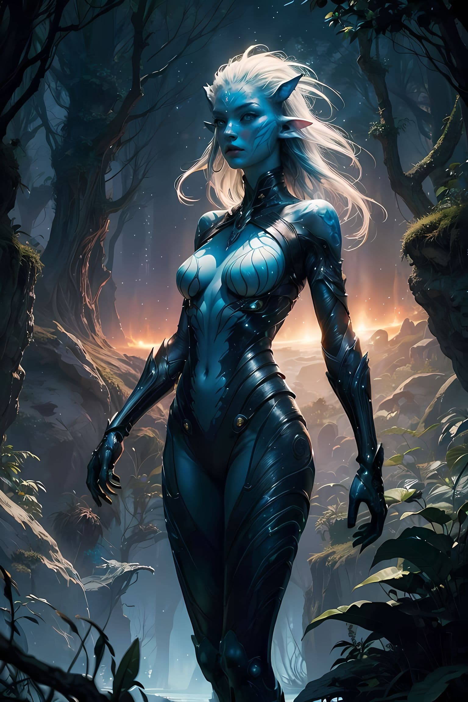 AI generated: (Movie:Avatar),landscape of the Bioluminescent Forest of Pandora,Pandora's flora and fauna emit a su...
