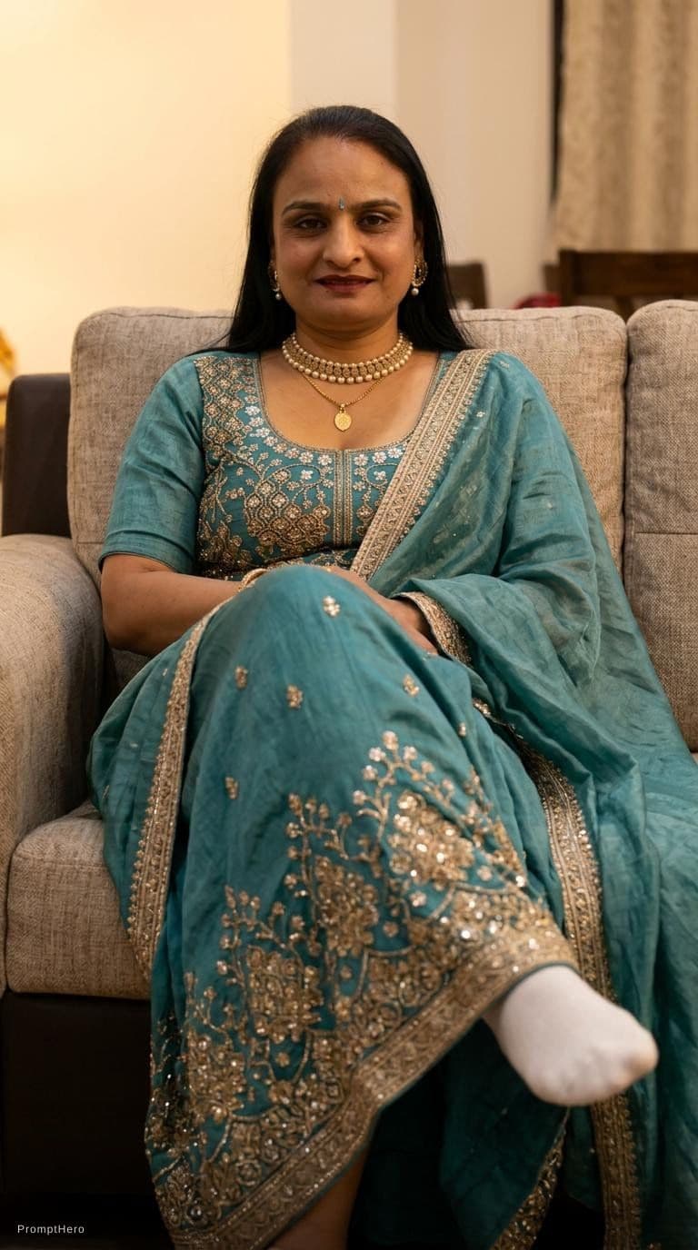 AI generated: Sitting on a couch with legs crossed teasing, same uploaded hairstyle, wearing same décolleté saree ...