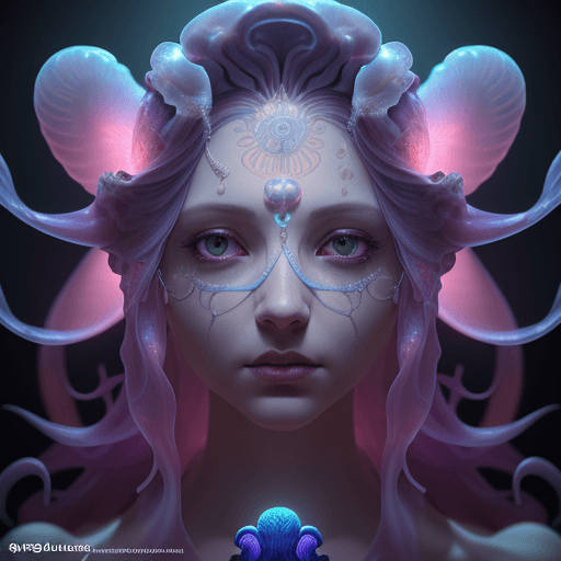 AI generated: Goddess close-up portrait ribcagel. jellyfish phoenix head, nautilus, orchid, skull, betta fish, bio...