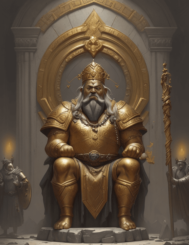 AI generated: an antique dwarf vault, high stone colums, tall gold statue of dwarf king by Greg Rutkowski, oil pai...