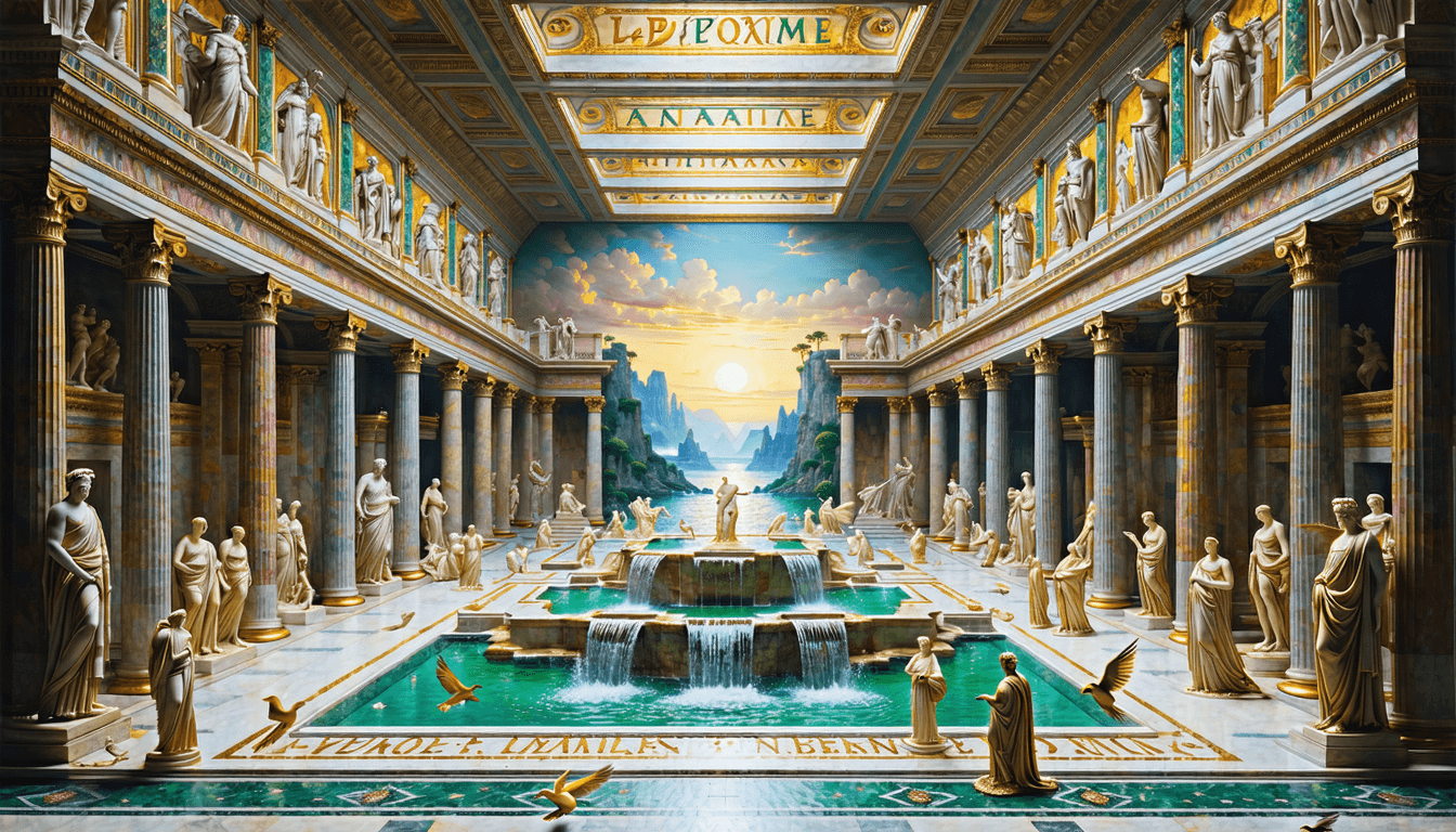 AI generated: A room in Ancient Rome, 200 feet long, 50 wide with a mosaic floor and immense pillars of marble, an...
