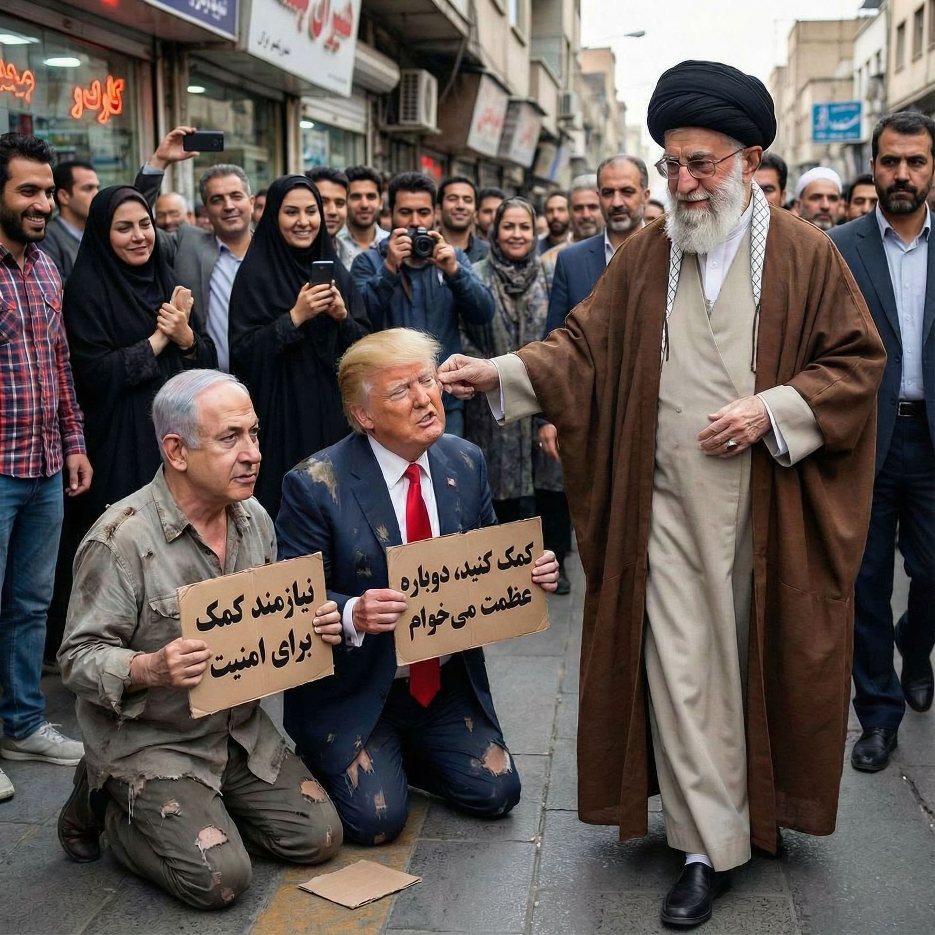 AI generated: رهبر در حال کشیدن گوش ترامپ در همین مکان