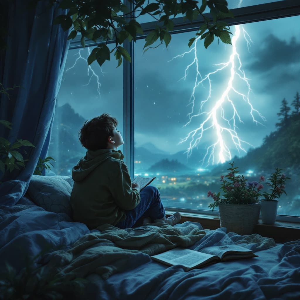 AI generated: "A boy enjoying cool weather with slow, gentle lightning, listening to relaxing music while studying...