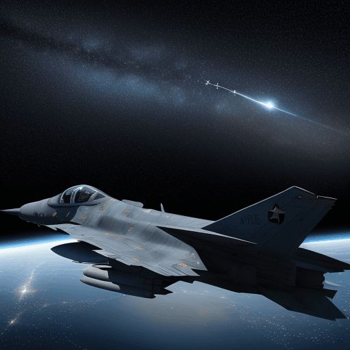 AI generated: Starry sky occupies the top half, several rectangular box lines occupy the bottom half, fighter jets...
