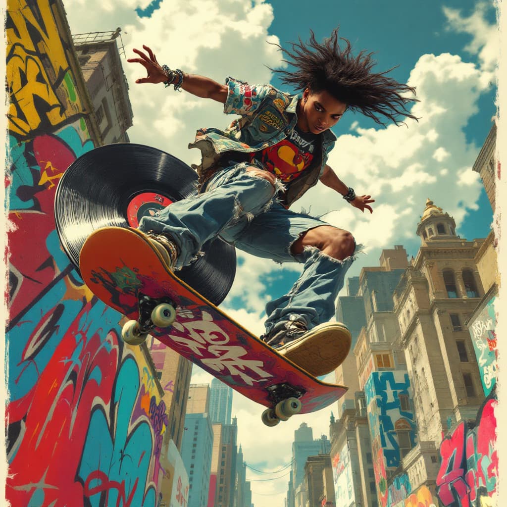 AI generated: 10. A dynamic, full-body action shot of a american black boy short hair skateboarding on a giant, fl...