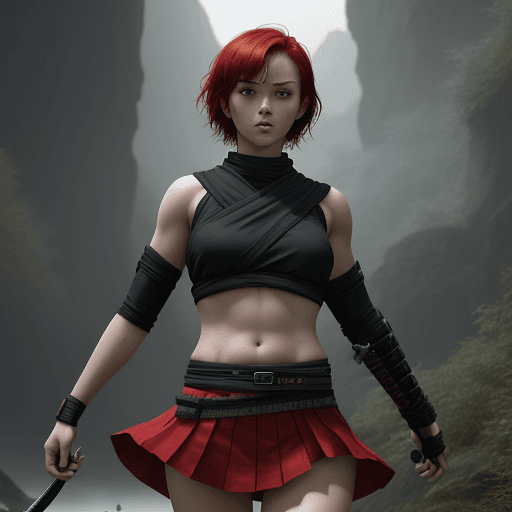 AI generated: Lowland girl, short red hair, full body, looking at the camera, ninja samurai, photorealism, dayligh...