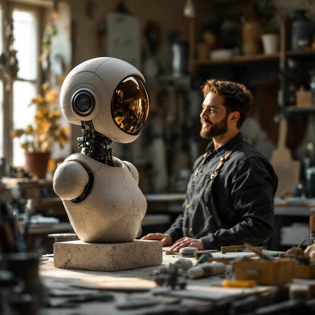 AI generated: A highly detailed cinematic shot capturing a human standing proudly, admiring a stone sculpture they...