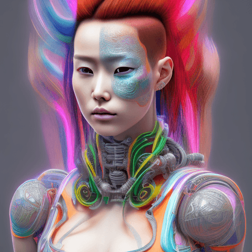 AI generated: A hyper-realistic, photorealistic full-body portrait of a cyberpunk geisha woman with vibrant, neon-...