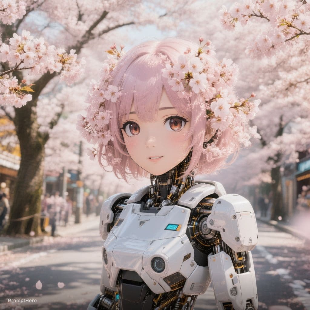 AI generated: Amidst the sea of cherry blossom trees on Sakura Street in Japan, stands a delightful and little Tac...