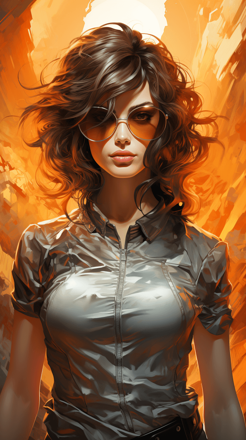 AI generated: a healthy woman standing on an orange street wearing shorts, in the style of zack snyder, karol bak,...