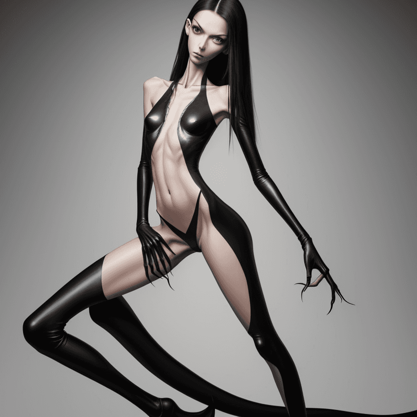 AI generated: photo of face an extremely skinny, flat-chested model with very elongated long nails,  claws placed ...