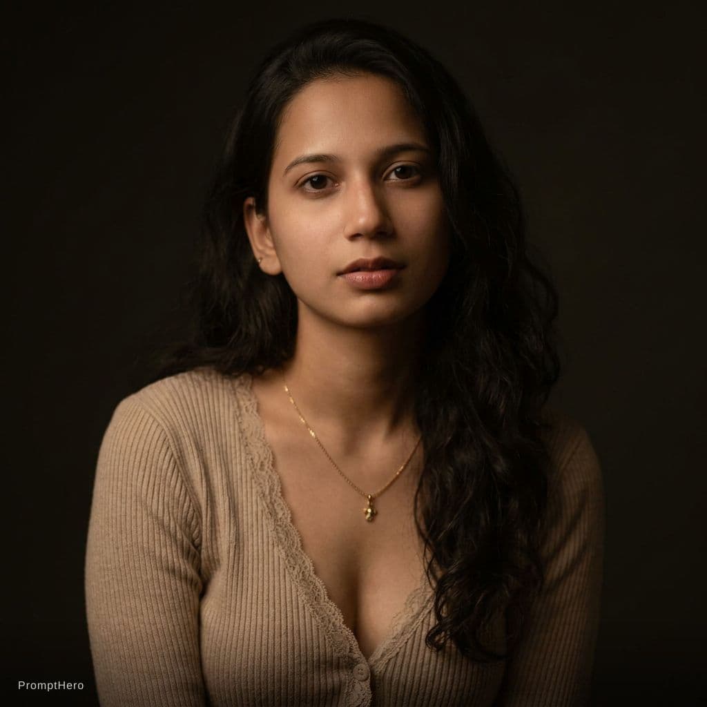 AI generated: A photorealistic close-up portrait of an adult woman in a dimly lit, moody studio setting, captured ...