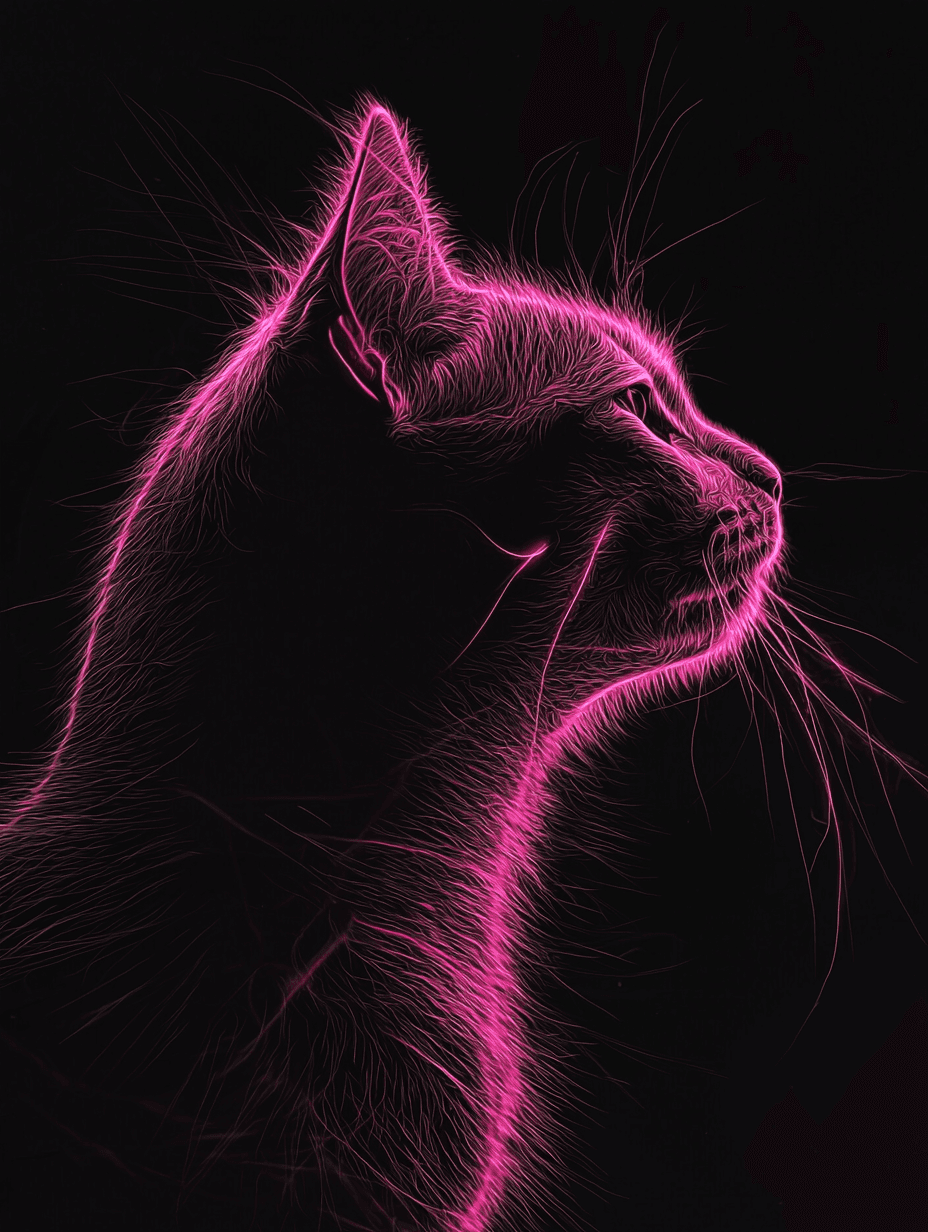 AI generated: A cat's silhouette is outlined in pink lines against a black background, embodying minimalism with a...