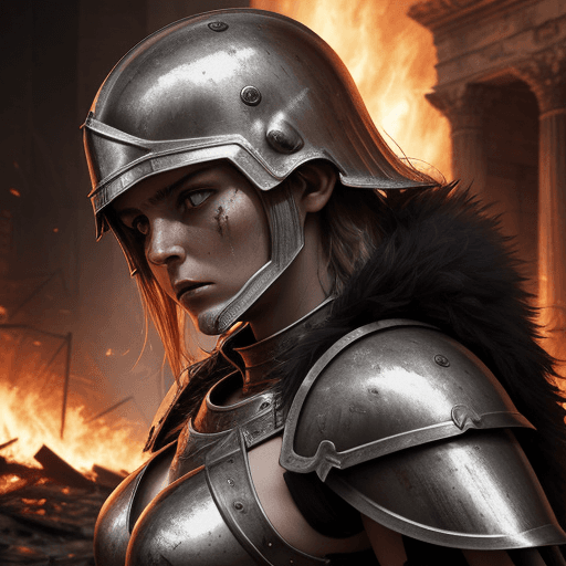 AI generated: a closeup photo of European female warrior in steel armor, intense expression, in the ruined temple,...