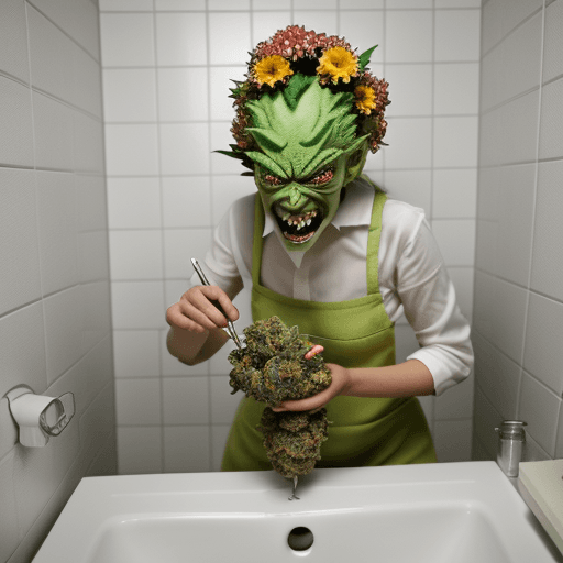AI generated: a crazy monster chemist doing flowers of marijuana in a little bathroom