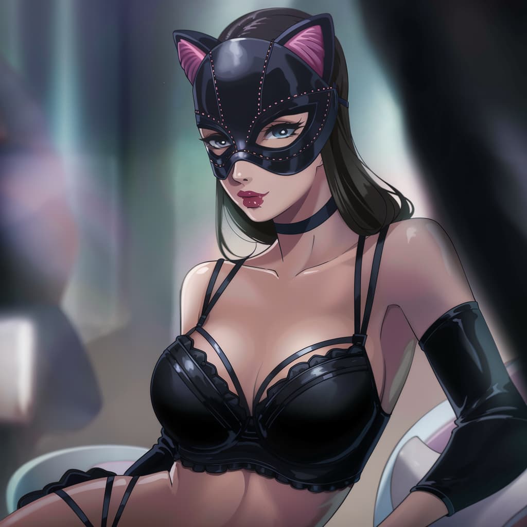 AI generated: Una imagen seductora y atractiva de una mujer con una elegante máscara de gato de cuero negro y un s...