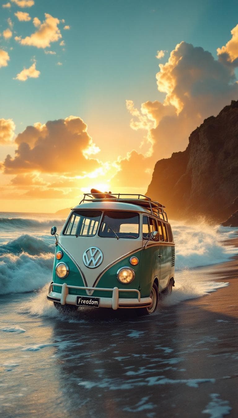 AI generated: A turquoise green  and white vw classic, Samba 23 window bus on a golden sunset beach with ethereal ...