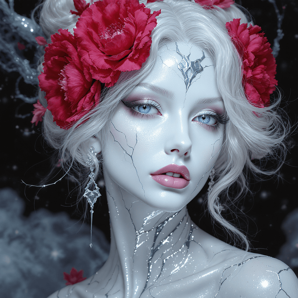 AI generated: ultra-detailed portrait of a porcelain-like woman, ethereal and surreal, icy white flawless skin, pi...