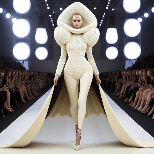 AI generated: fashion show, stunning outfits, haute couture: models in very puffy Hypersize disproportionate suits...