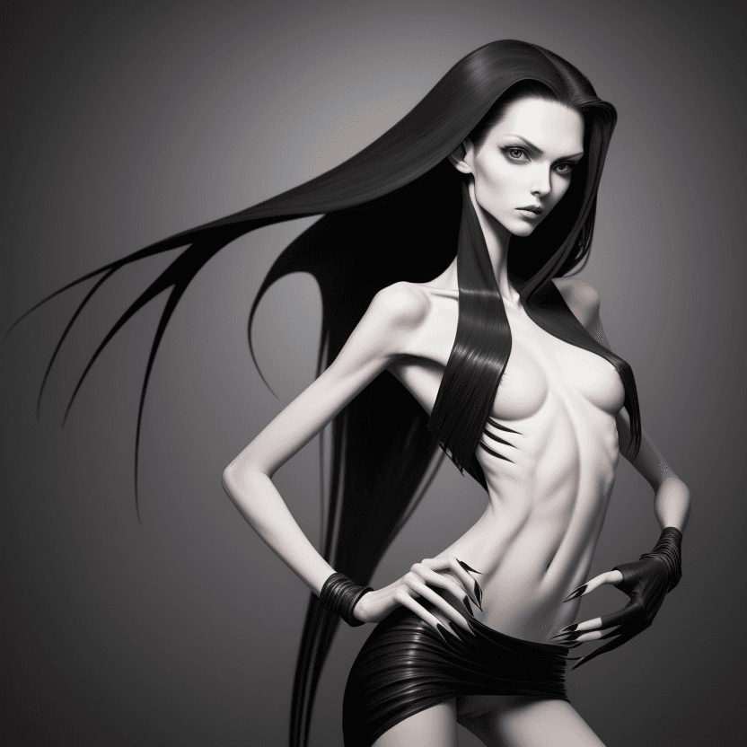 AI generated: photo of face an extremely skinny, flat-chested model with long black curved fingernails, claws, ver...