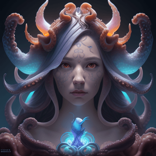 AI generated: Goddess close-up portrait ribcagel. Octopus phoenix head, nautilus, orchid, skull, betta fish, biolu...