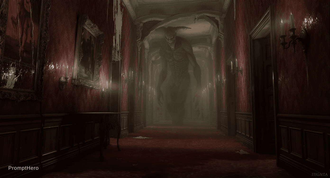 AI generated: A suffocating first-person perspective shot deep inside a decaying Victorian mansion corridor, stret...