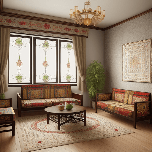 AI generated: Ukraine ethnic modern aesthetic plant embroidery patterns on the wall and furniture interior

