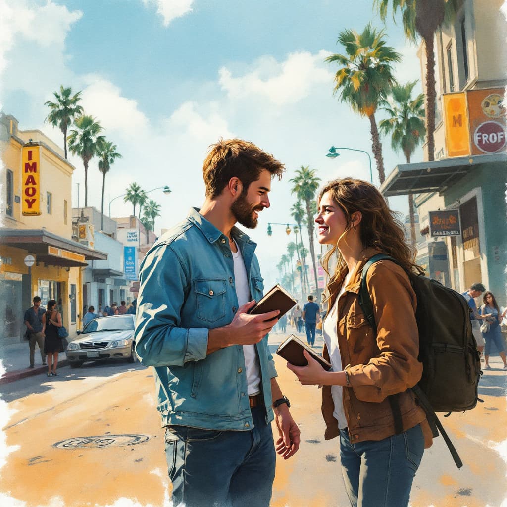 AI generated: A highly detailed, photorealistic watercolor painting depicting a young white man and white woman ev...