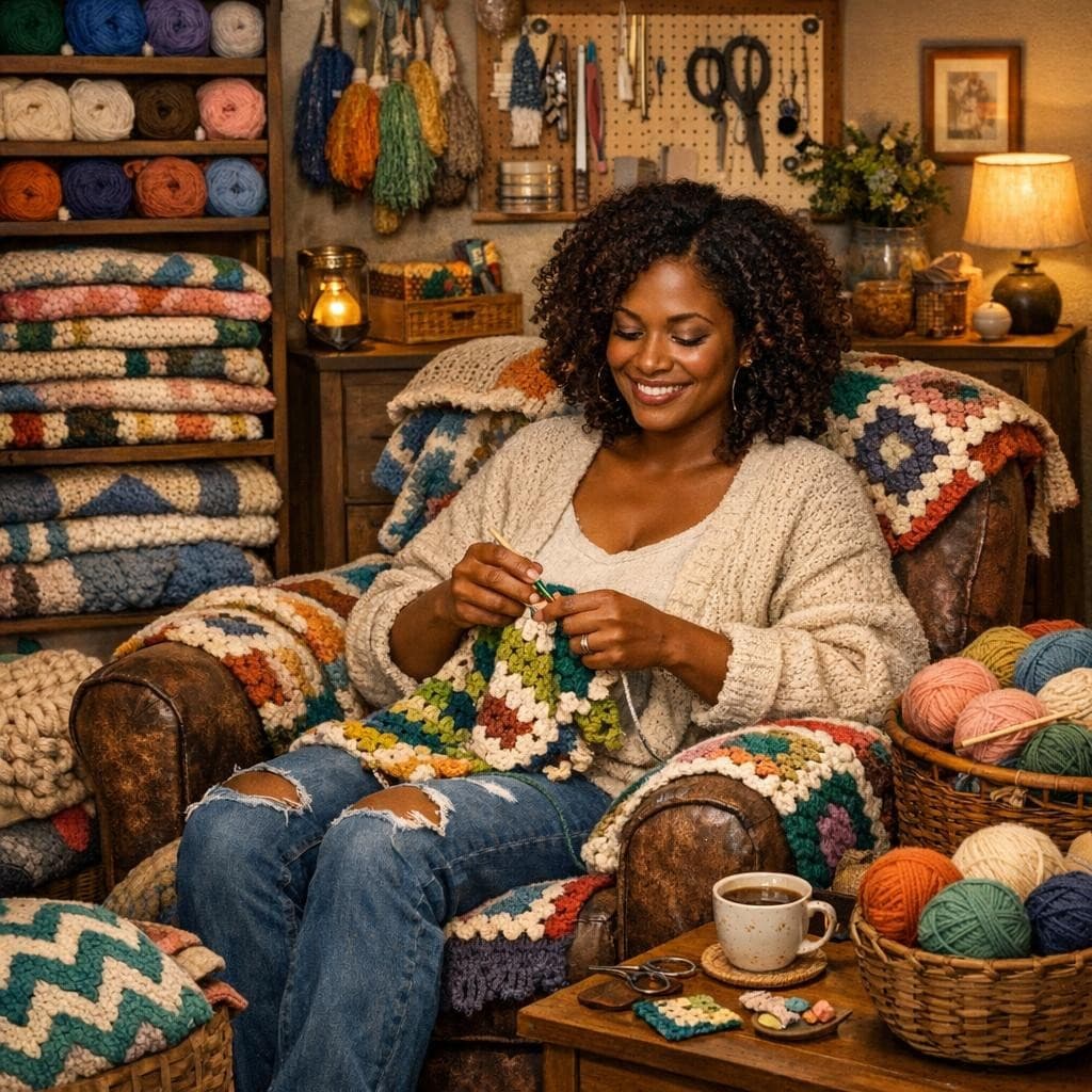 AI generated: Hobby room, dark-brown-skinned woman, yarn, blankets