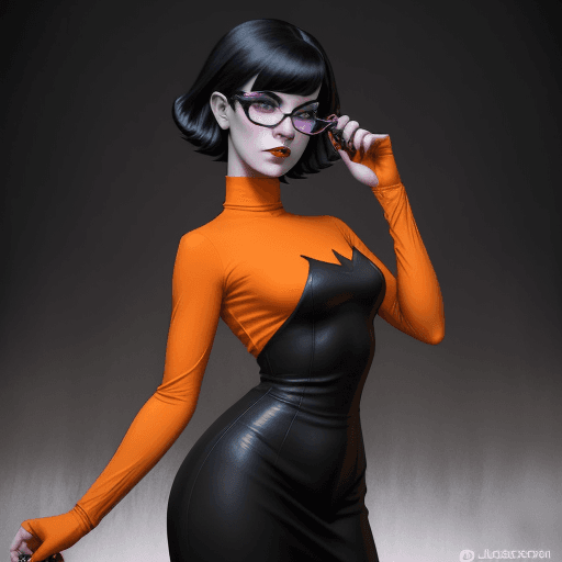 AI generated: goth girl astestic, velma from scooby-doo, a woman wearing eye glasses and an orange top, goth style...