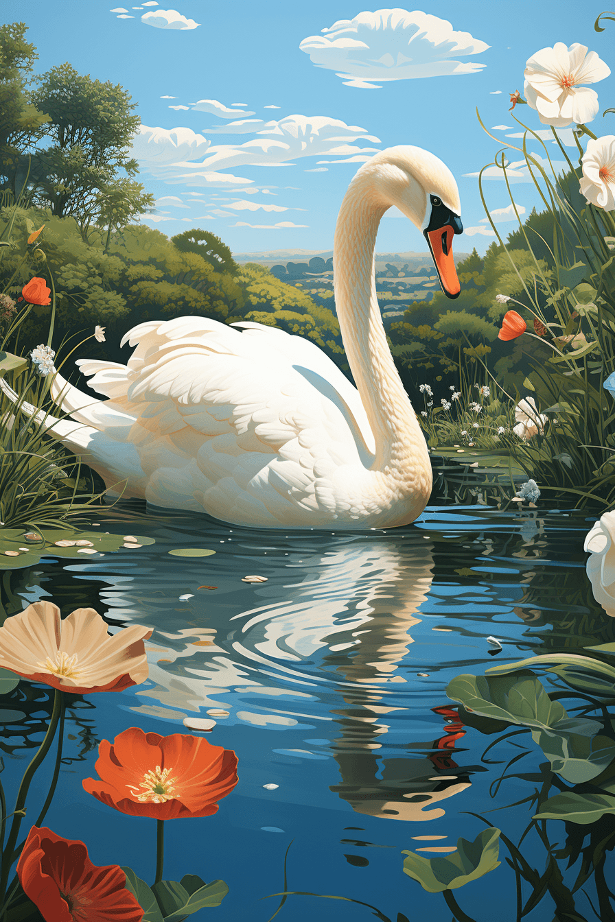 AI generated: A graceful swan with pure white feathers and elegant lily pads detailed with delicate water droplets...