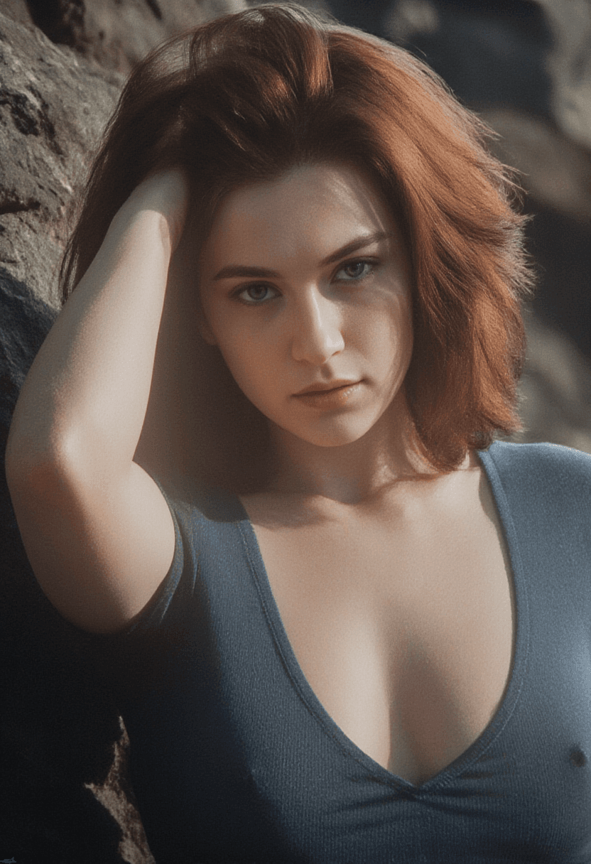 AI generated: A photorealistic close-up portrait of a woman with voluminous, styled auburn hair, her right hand ge...