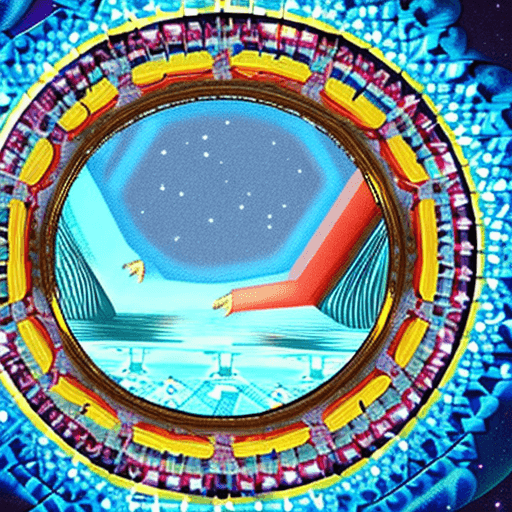AI generated: geometrical space art through a circular window. dancing on the milkyway