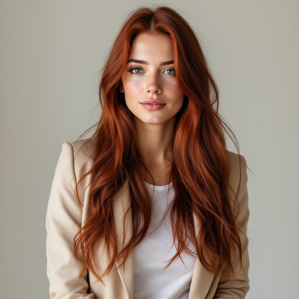 AI generated: A 26-year-old woman with deep red long straight hair, light skin with freckles, wearing a fitted bei...