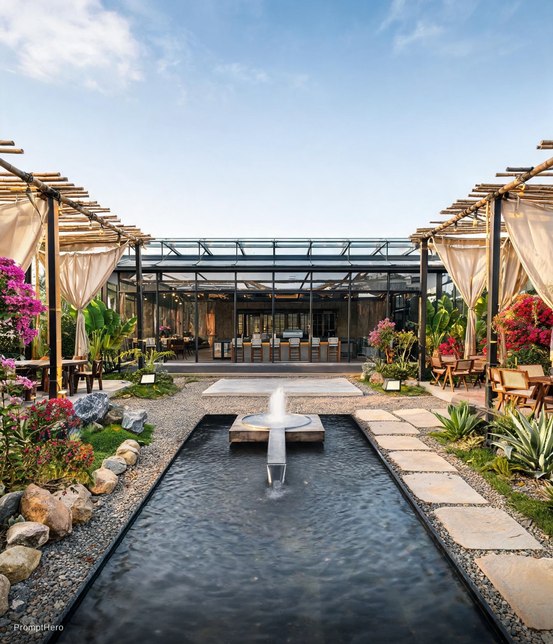 AI generated: Create an image of garden restaurant with glass and steel structure with lots of greenery and colorf...